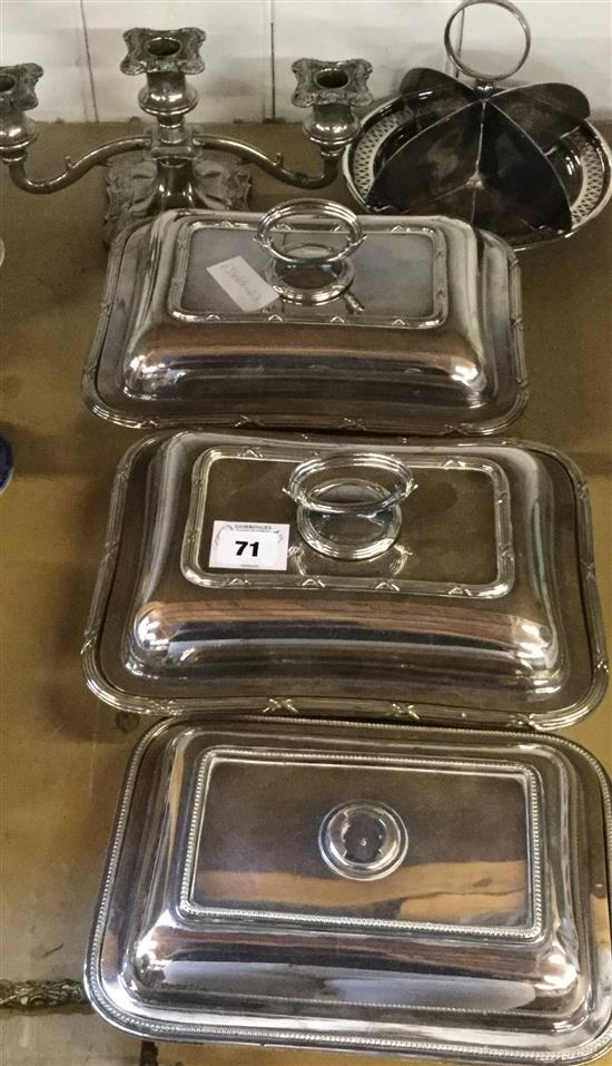 Plated wares- pair entree dishes and covers, another entree dish and cover
